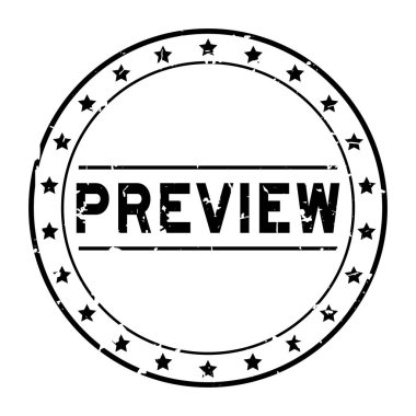 Grunge siyah önizleme word yıldız simgesi ile yuvarlak lastik mühür damgası beyaz arka plan üzerinde