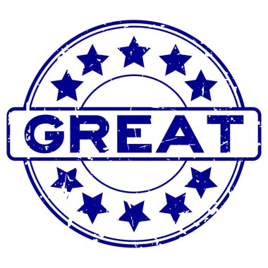 Grunge mavi beyaz arka plan üzerinde lastik mühür damgası yuvarlak yıldız simgesi ile harika kelime