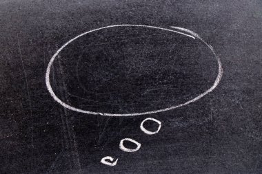 Beyaz tebeşir el için boş alan ile kabarcık konuşma şeklinde çizimi eklemek metin üstünde kara tahta arka plan (konsept iletişim için