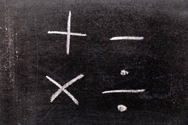 El Beyaz tebeşir Matematik sembolü şekil çizimi (artı, eksi, çarpma, bölme) kara tahta arka plan üzerinde