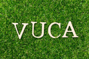 Wood letter block in word VUCA (abbreviation of Volatility, uncertainty, complexity and ambiguity) on artificial green grass background clipart