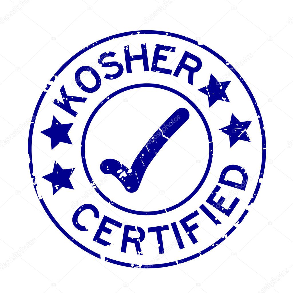 Grunge blue kosher certified word with mark icon round rubber seal stamp on white background