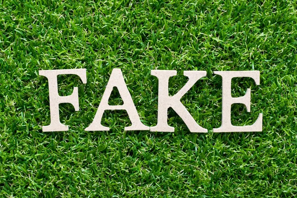 Ξύλο Αλφάβητο Λέξη Fake Φόντο Πράσινο Γρασίδι — Φωτογραφία Αρχείου