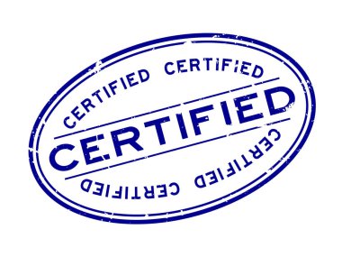 Grunge mavi sertifikalı kelime oval lastik mühür damgası beyaz arka plan üzerinde