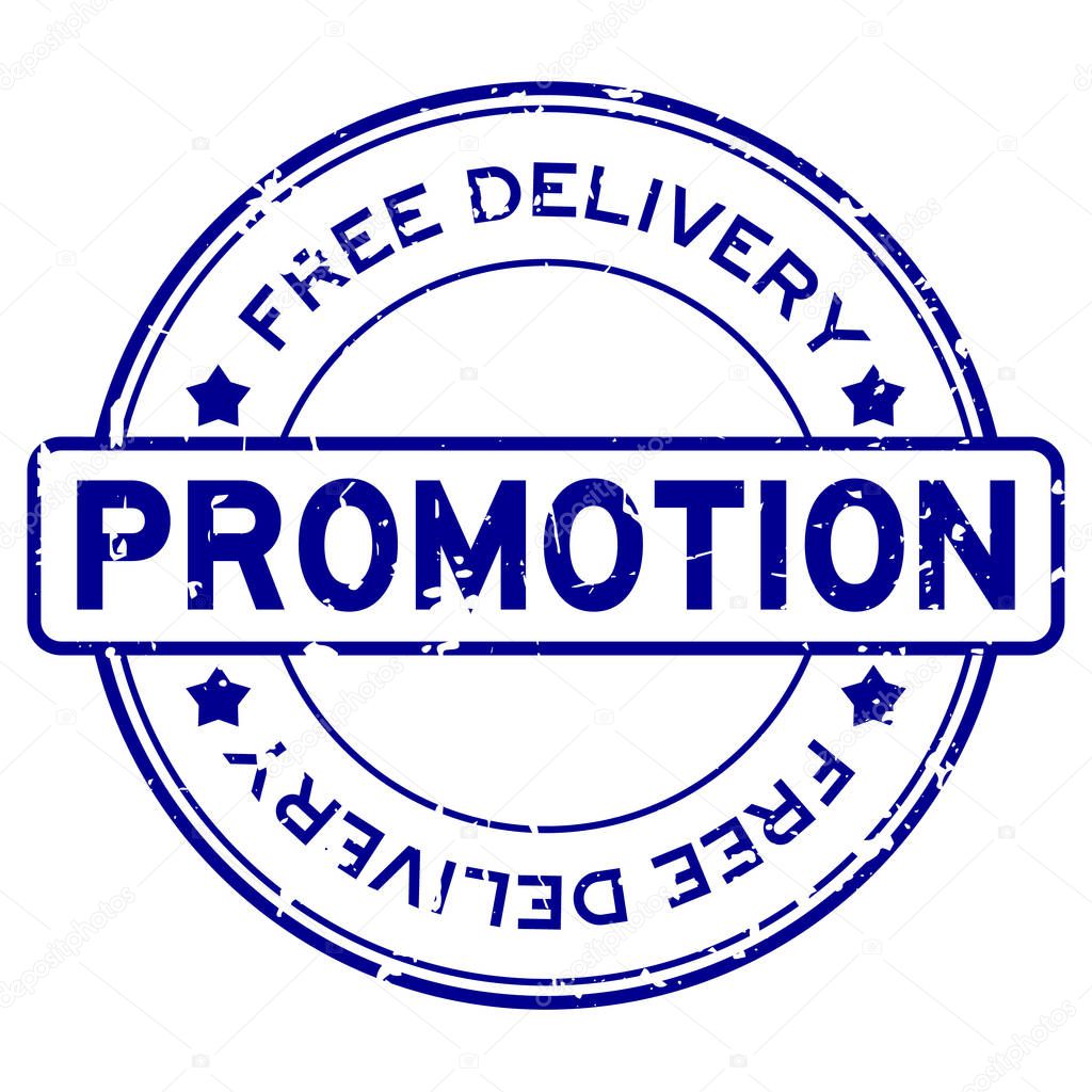 Grunge blue promotion free delivery round rubber seal business stamp on white background