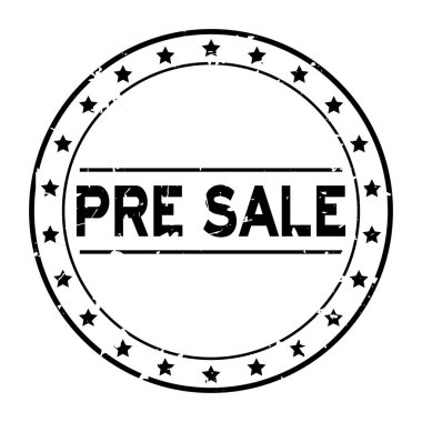 Grunge siyah ön satış word yıldız simgesi ile yuvarlak lastik mühür damgası beyaz arka plan üzerinde