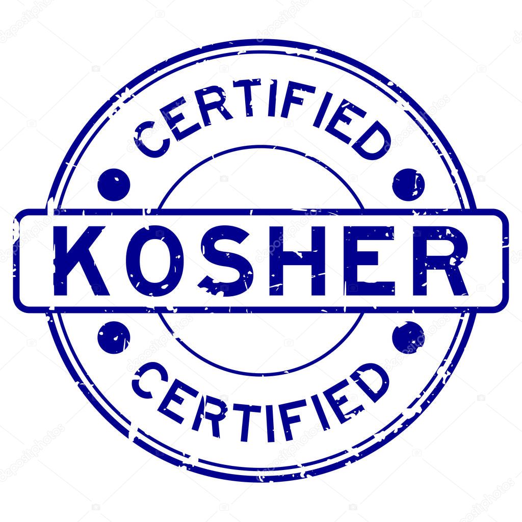 Grunge blue kosher certified word round rubber seal stamp on white background