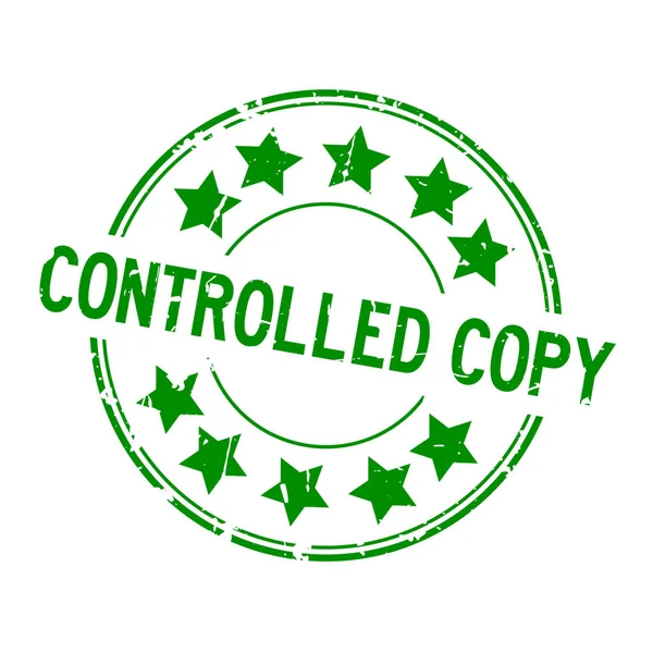 Grunge vert mot de copie contrôlée avec icône étoile rond tampon de joint en caoutchouc sur fond blanc — Image vectorielle