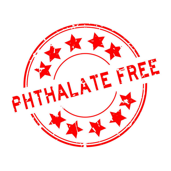 Grunge red phthalate free word with star icon round rubber seal stamp on white background