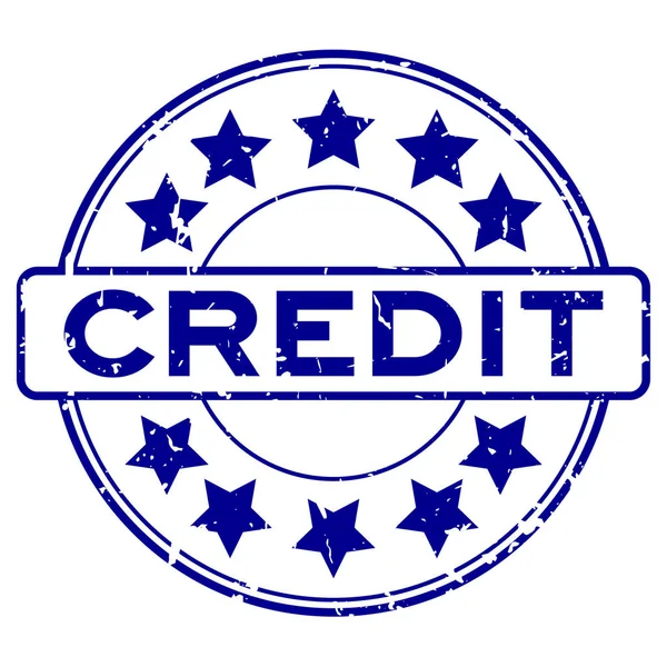 Grunge modrá kreditní slova s ikonou hvězdy kulaté gumové těsnění na bílém pozadí — Stockový vektor