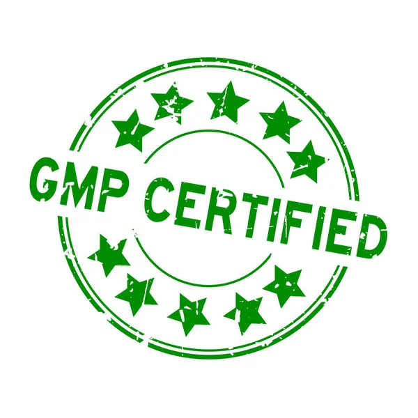 Palabra certificada gmp verde grunge con sello de sello de goma redonda icono estrella sobre fondo blanco — Archivo Imágenes Vectoriales