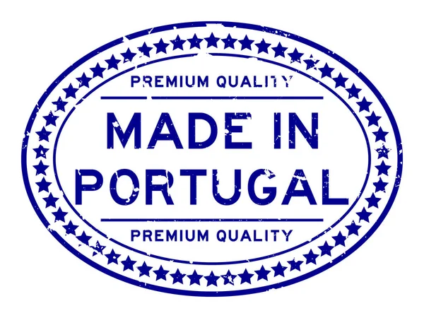 Grunge modrá kvalita prémie provedená v Portugalsku oválné gumové těsnění na bílém pozadí — Stockový vektor