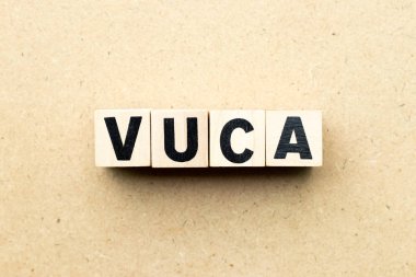 Kelime Vuca harf bloğu (Volatilite, belirsizlik, karmaşıklık ve belirsizlik kısaltması) ahşap arka plan