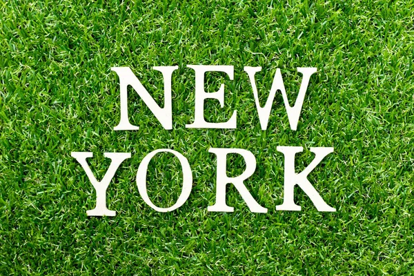 Γράμμα ξύλινου αλφαβήτου στη λέξη Νέα Υόρκη σε φόντο πράσινου χόρτου — Φωτογραφία Αρχείου