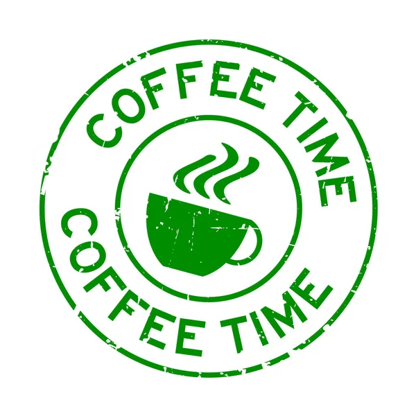 Palabra de tiempo de café verde grunge con icono de taza sello de goma redonda sobre fondo blanco — Vector de stock