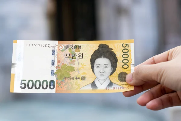 Homme détiennent billet de banque Corée du Sud 50000 won sur fond flou — Photo