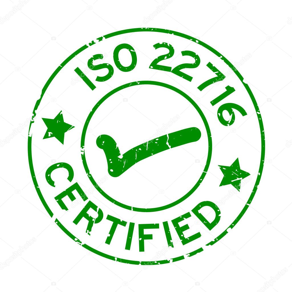 Grunge green ISO 22716 certified with mark icon round rubber seal stamp on white background