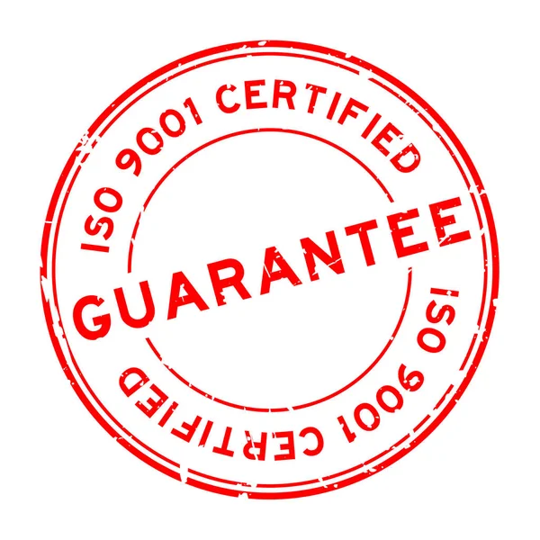 Grunge piros ISO 9001 tanúsított garancia szó kerek gumi pecsét bélyegző fehér háttér — Stock Vector