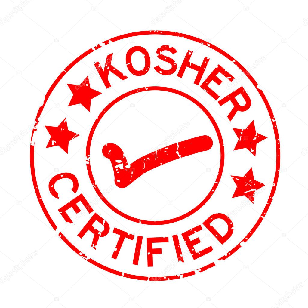 Grunge red kosher certified word with mark icon round rubber seal stamp on white background