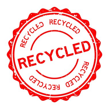 Grunge kırmızı geri dönüştürülmüş kelime yuvarlak lastik mühür beyaz arka planda