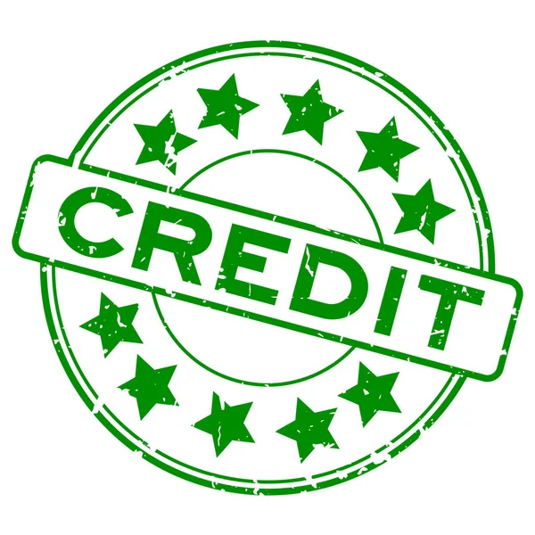Grunge zelená kreditní slova s ikonou hvězdy kulaté gumové těsnění na bílém pozadí — Stockový vektor