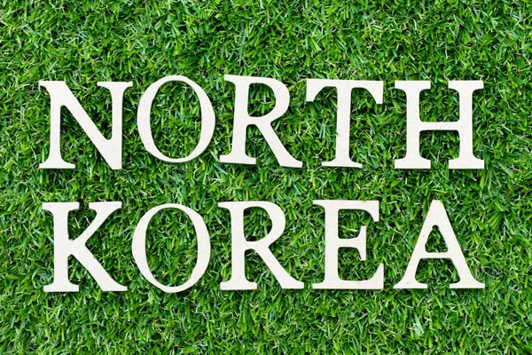 Alfabeto de madeira letra na palavra norte da Coréia no fundo de grama verde — Fotografia de Stock