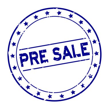 Beyaz arka plan üzerinde yıldız simgesi yuvarlak kauçuk mühür damgası ile Grunge mavi ön satış kelime