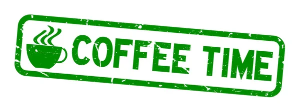 Palabra de tiempo de café verde grunge con sello de sello de goma cuadrada icono de taza sobre fondo blanco — Vector de stock
