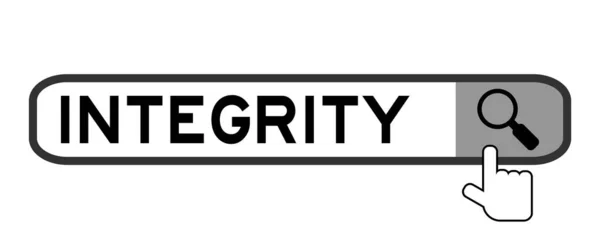 Icono de mano sobre lupa para encontrar integridad de palabra en banner de búsqueda sobre fondo blanco — Vector de stock