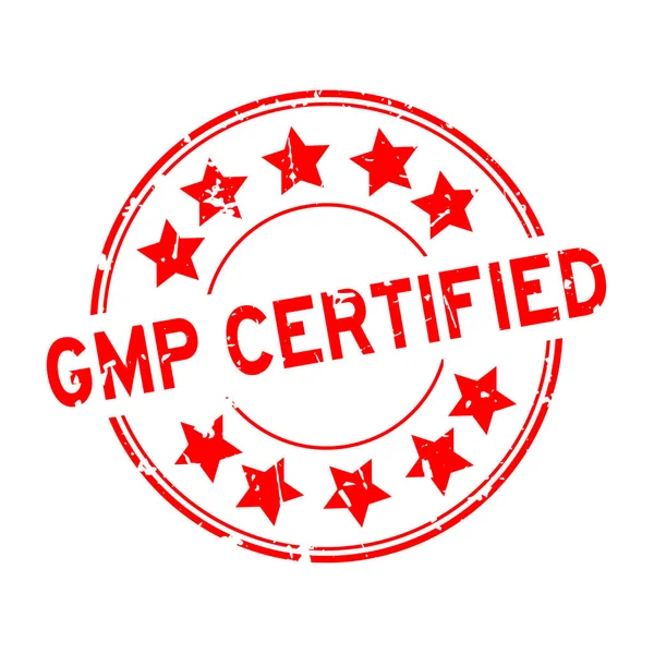Grunge palabra certificada gmp rojo con sello de goma redonda icono estrella sobre fondo blanco — Archivo Imágenes Vectoriales