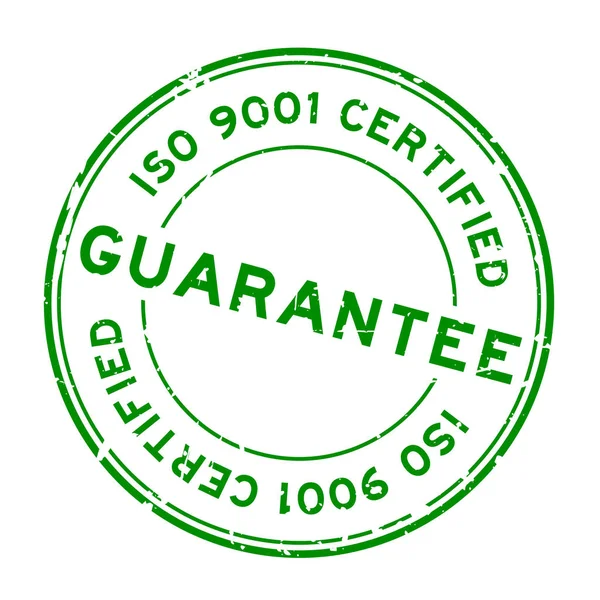 Grunge groene iso 9001 gecertificeerde garantie woord ronde rubber zegel stempel op witte achtergrond — Stockvector