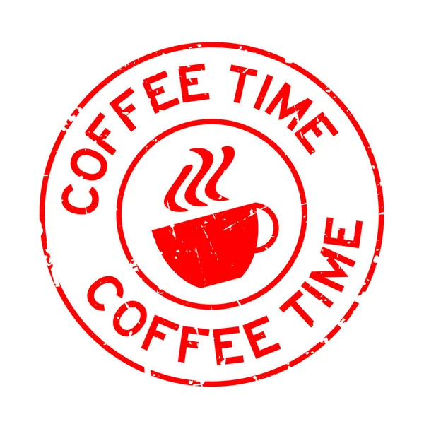 Grunge palabra de tiempo de café rojo con icono de taza sello de goma redonda sobre fondo blanco — Vector de stock