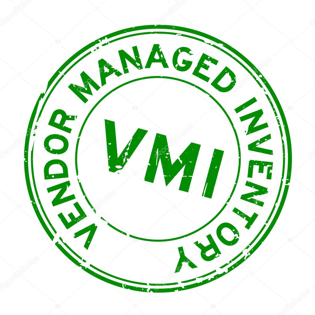 Grunge green VMI (abbreviation of vendor managed inventory) word round rubber seal stamp on white background