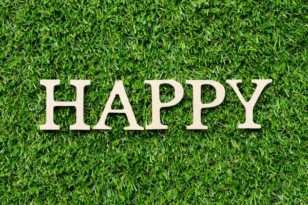 Wood alphabet letter in word happy on green grass background