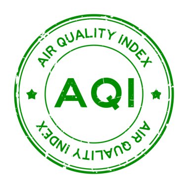 Grunge Green AQI (hava kalite indeksinin kısaltması) beyaz arkaplanda yuvarlak lastik mühür