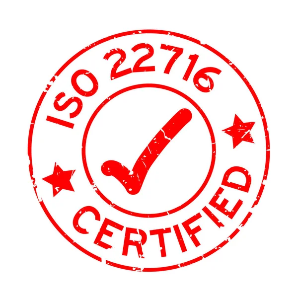 Grunge Rood Iso 22716 Gecertificeerd Met Merk Pictogram Ronde Rubberen — Stockvector