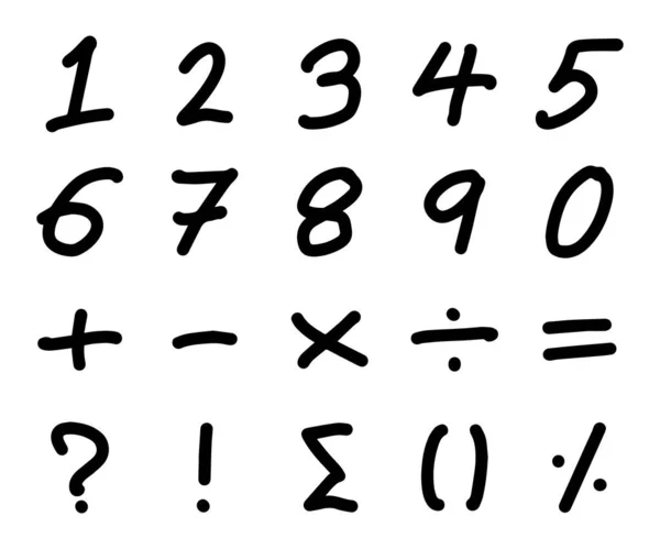 白色背景下数字字母和数学符号的黑色手绘 — 图库矢量图片