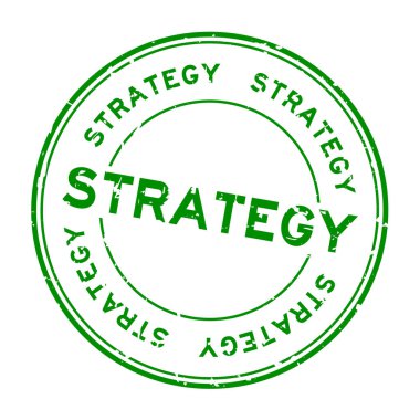 Grunge yeşil strateji kelime yuvarlak lastik mühür beyaz arka planda
