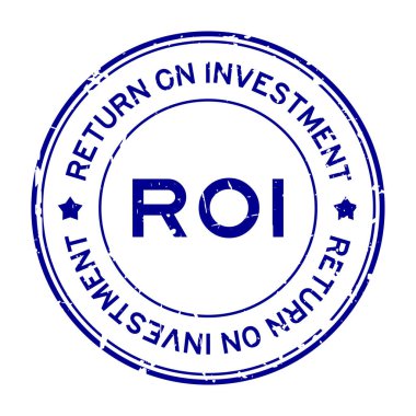 Grunge blue ROI (Yatırım Dönüşü kısaltması) beyaz arka planda yuvarlak lastik mühür sözcüğü