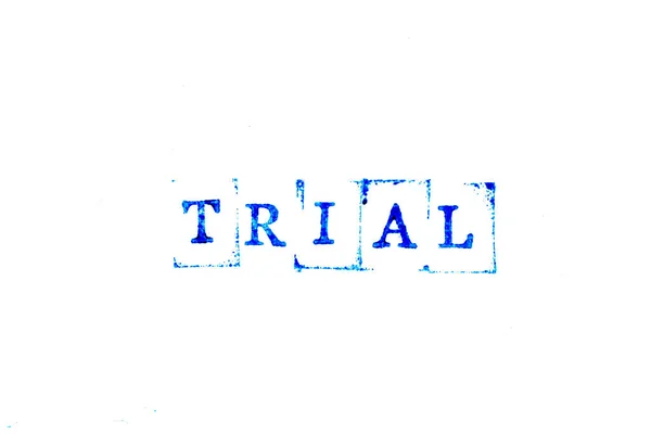 Μπλε Μελάνι Από Καουτσούκ Σφραγίδα Δίκη Λέξη Λευκό Φόντο Χαρτί — Φωτογραφία Αρχείου