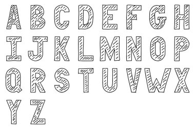 Beyaz arkaplanda büyük harf İngiliz alfabesinin siyah renkli el çizimi