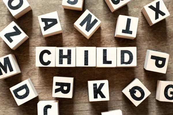 Bloco Letra Madeira Criança Palavra Fundo Madeira Com Outro Alfabeto — Fotografia de Stock