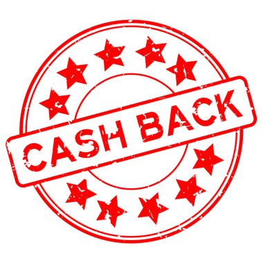 Grunge kırmızı para geri kelime yıldız simgesi yuvarlak lastik mühür beyaz arka planda