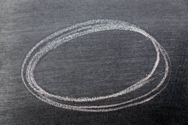 Beyaz renkli tebeşirle çizilen el veya siyah tahta arka planda oval şekil