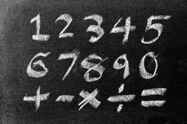 White color chalk hand drawing of number and mathematics symbol (Plus, minus multiply, divide and equal sign) on blackboard background