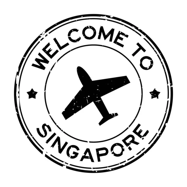 Grunge Svart Välkommen Till Singapore Ord Med Flygplan Ikon Rund — Stock vektor