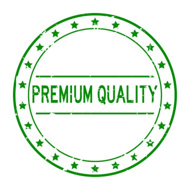 Grunge yeşil kaliteli kelime yıldız simgesi yuvarlak lastik mühür beyaz arka planda