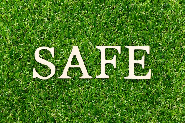 Wood letter in word safe on green grass background