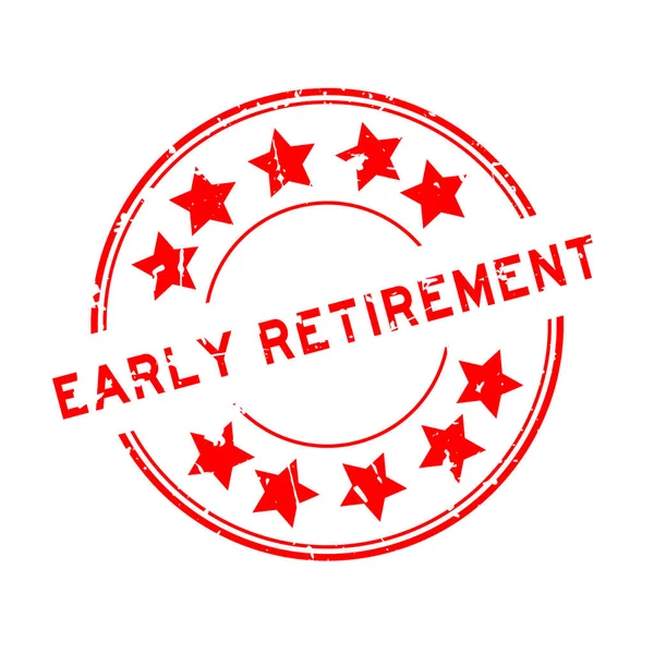 Grunge kırmızı erken emeklilik kelimesi beyaz arkaplanda yıldız simgesi yuvarlak lastik mühür ile