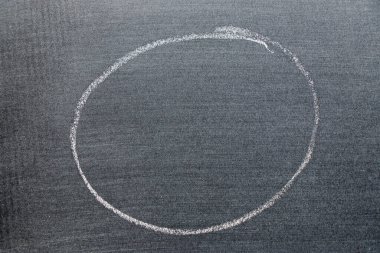 Beyaz renkli tebeşirle çizilen el veya siyah tahta arka planda oval şekil